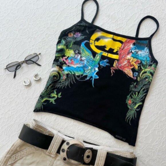 Vintage Y2K Ecko Red Graphic Fairy Butterfly Spaghetti Strap Tank Crop Top XS - Picture 1 of 11